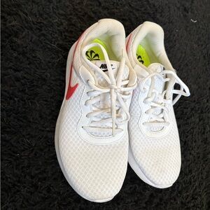 Nike White Mesh Sneakers with Red Swoosh and Neon Insole